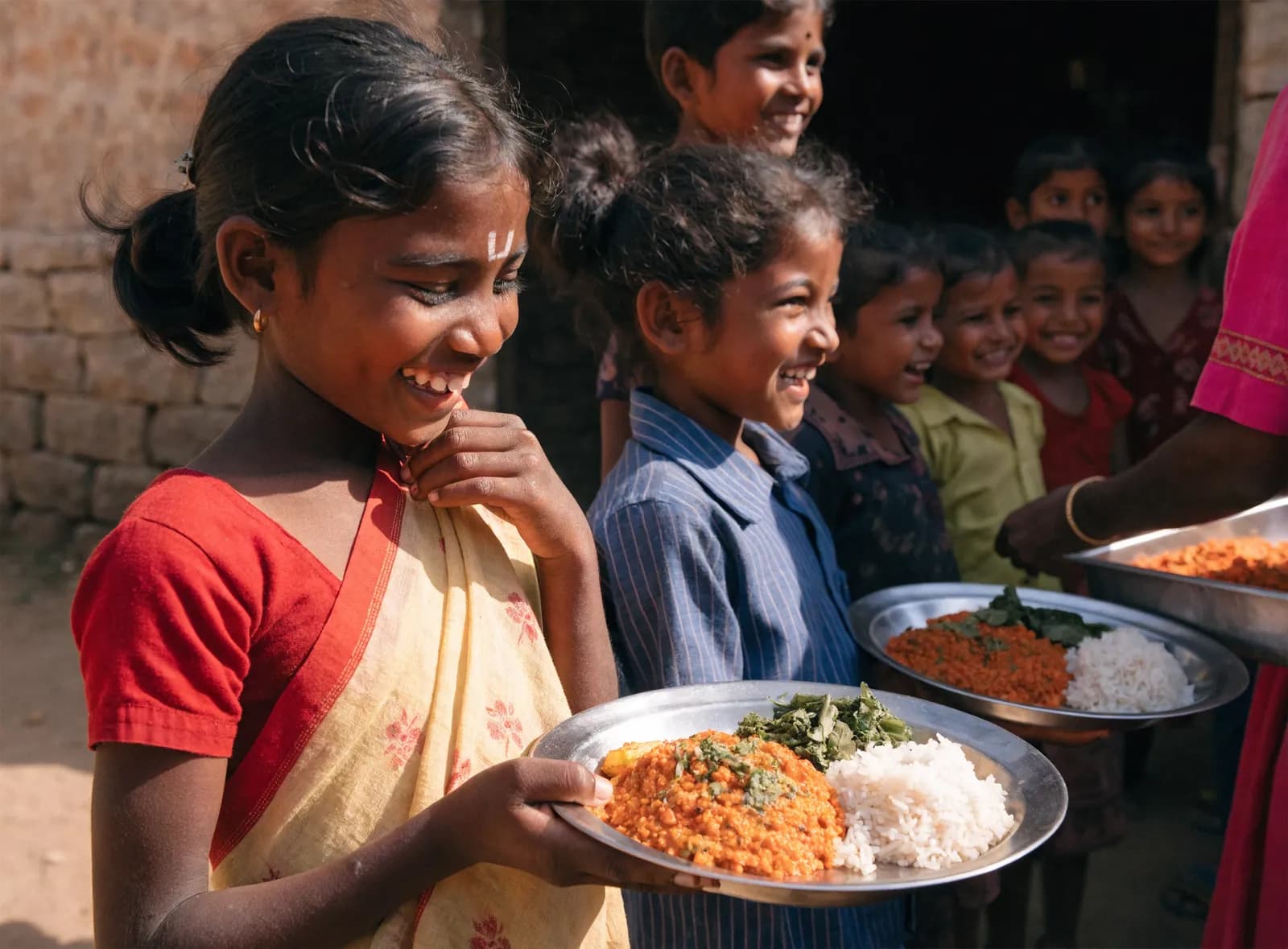 Children receiving a warm meal