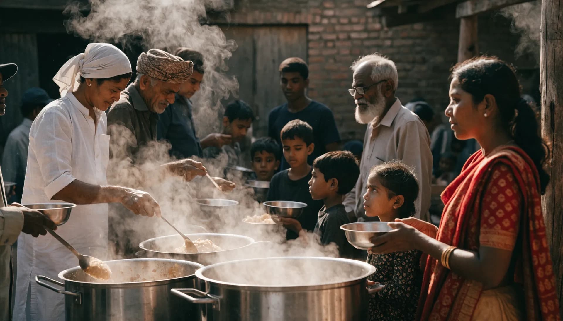 Volunteers serving hot meals to families at a community kitchen