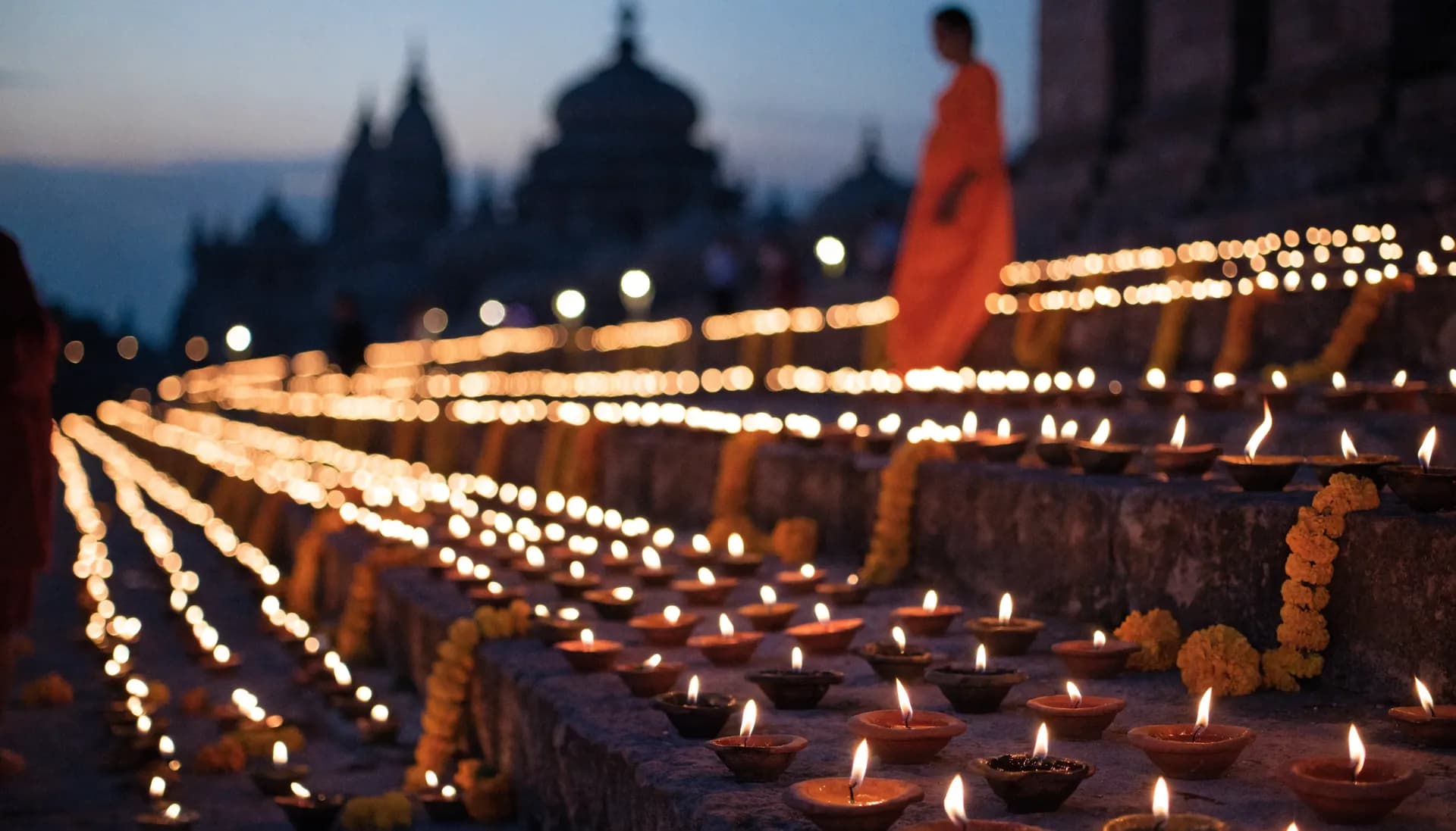 Rows of lit temple diya lamps glowing at dusk